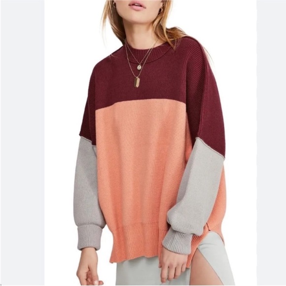 Free People Easy Street Color Block Long Sleeve Oversized Sweater in Peach Combo - Picture 1 of 11